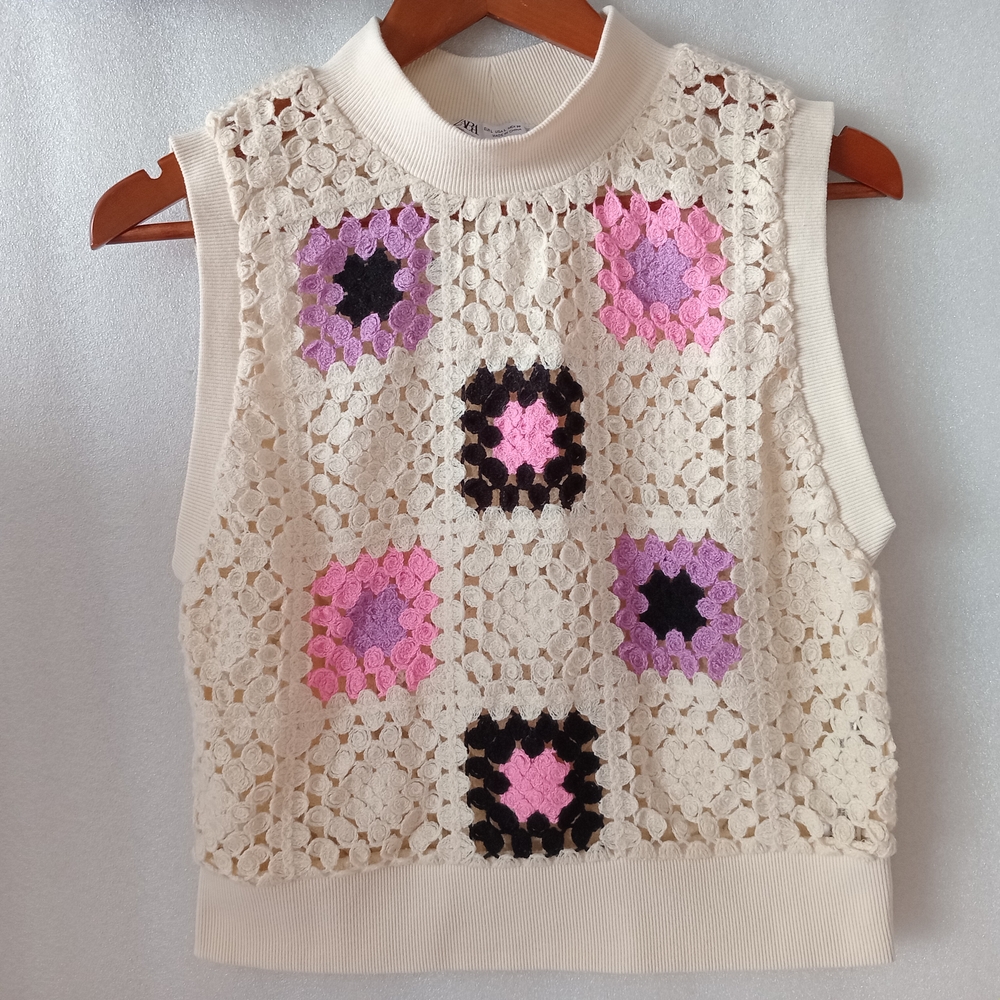 Zara Women's Crochet Top Cropped Cream Boho Hippie Festival Party Retro Size L - Picture 2 of 7